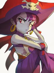 Rule 34 | 1girl, bare shoulders, blue skin, closed mouth, colored skin, earrings, eyelashes, hand on own head, hat, highres, hoop earrings, jaibus, jewelry, looking to the side, pants, pirate hat, purple hair, purple pants, red eyes, red hat, risky boots, shantae (series), skull and crossbones, solo, white background
