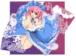Rule 34 | 1girl, :d, bad id, bad pixiv id, blush, body blush, breasts, cleavage, from above, hat, hexagon, japanese clothes, kokujuuji, large breasts, long sleeves, looking at viewer, open mouth, pink hair, red eyes, ribbon, saigyouji yuyuko, saigyouji yuyuko&#039;s fan design, shippou (pattern), short hair, sleeves past wrists, smile, solo, touhou, triangular headpiece, wide sleeves