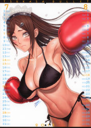 Rule 34 | 1girl, absurdres, armpits, bikini, blush, boxing, boxing gloves, breasts, brown hair, calendar, covered erect nipples, fighting, hair ornament, hairclip, headdress, highres, hip focus, large breasts, long hair, looking at viewer, maid headdress, navel, side-tie bikini bottom, simple background, solo, sweat, swimsuit, tsukasa jun, white eyes
