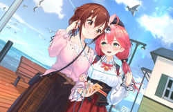 Rule 34 | 2girls, :d, ahoge, animal, bag, bell, belt, bench, bird, blue sky, blush, breasts, brown eyes, brown hair, brown skirt, cellphone, cloud, collarbone, commentary request, day, dutch angle, earphones, green eyes, hair between eyes, hair ornament, hairclip, hat, highres, hololive, jingle bell, long hair, long sleeves, looking at another, low twintails, medium breasts, multiple girls, neck bell, open mouth, outdoors, phone, pink hair, pink shirt, plaid, plaid skirt, red skirt, roke (taikodon), sakura miko, sakura miko (casual), shared earphones, shirt, skirt, sky, smartphone, smile, tokino sora, tokino sora (casual), twintails, virtual youtuber, water, white shirt