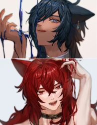 Rule 34 | 2boys, :q, animal ears, blue eyes, blue gemstone, blue hair, cat boy, cat ears, choker, cross-shaped pupils, diluc (genshin impact), earrings, eyelashes, fingernails, gem, genshin impact, hair between eyes, hand on own head, hand up, jewelry, kaeya (genshin impact), kemonomimi mode, lingsanls304, liquid, long fingernails, long hair, looking at viewer, male focus, multiple boys, open mouth, portrait, red eyes, red hair, simple background, symbol-shaped pupils, tongue, tongue out, wet