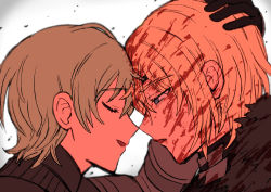 Rule 34 | 2boys, armor, black cape, blonde hair, blood, blood in hair, blood on face, byleth (fire emblem), byleth (male) (fire emblem), cape, closed eyes, dimitri alexandre blaiddyd, eyepatch, face-to-face, fire emblem, fire emblem: three houses, from side, greaves, green eyes, green hair, hand on another&#039;s head, kusodekablack, medium hair, multiple boys, nintendo, open mouth, short hair, simple background, upper body, white background