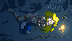 Rule 34 | 1girl, arms behind back, barefoot, bdsm, blonde hair, blue eyes, bomb, bondage, bound, bound arms, bound legs, bra, breasts, candle, cleavage, cloth gag, creature, dark, ember, explosive, fire, footprints, full body, gag, gagged, gloves, grin, highres, imminent death, improvised gag, legs together, lips, long hair, looking at another, lying, mario (series), navel, nervous, nintendo, on floor, on ground, on side, panties, peril, pink bra, pink panties, princess peach, rope, shaxbert, small breasts, smile, super mario bros. 1, underwear, warioware, white gloves