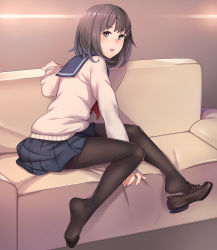 Rule 34 | 1girl, bad id, bad pixiv id, between legs, black pantyhose, black skirt, blush, brown hair, couch, dutch angle, eyebrows, feet, from side, full body, hand between legs, highres, indoors, kyuuso inukami, leaning forward, loafers, long legs, long sleeves, looking at viewer, looking to the side, neckerchief, original, pantyhose, pleated skirt, red neckerchief, school uniform, serafuku, shoe dangle, shoes, short hair, single shoe, sitting, skirt, sleeves past wrists, smile, soles, solo, sweater, toes