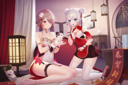 Rule 34 | 2girls, alternate costume, animal, bare shoulders, blue eyes, breasts, brown hair, china dress, chinese clothes, cleavage, closed mouth, double bun, dress, hair bun, hamster, highres, holding, holding animal, honkai (series), honkai impact 3rd, indoors, legs, multiple girls, negi3, open mouth, purple eyes, rita rossweisse, rita rossweisse (artemis), seiza, short hair, simple background, sitting, theresa apocalypse, theresa apocalypse (valkyrie pledge), thighs, white hair, white legwear