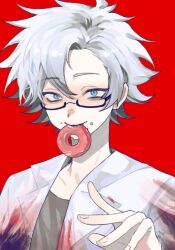 Rule 34 | 1boy, blood, blood on clothes, blue eyes, chinese commentary, commentary request, doughnut, food, food in mouth, glasses, grey shirt, hand up, highres, kanou aogu, lab coat, male focus, muyan-sqy, open clothes, portrait, rectangular eyewear, red background, saibou shinkyoku, semi-rimless eyewear, shirt, short hair, simple background, smile, solo, white hair