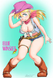Rule 34 | 1girl, bare shoulders, blonde hair, blue eyes, blush, boots, breasts, character name, cleavage, cowboy boots, cowboy hat, cutoffs, ellie winslet, front-tie top, full body, gun, handgun, hat, holster, large breasts, leaning forward, long hair, looking at viewer, original, plump, revolver, short shorts, shorts, signature, smile, solo, standing, weapon, cowboy western, yabataso