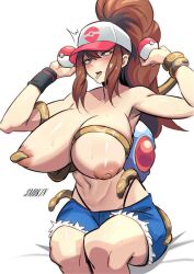 Rule 34 | 1girl, ahegao, blue eyes, blush, breasts, brown hair, creatures (company), game freak, gen 1 pokemon, grabbing, grabbing another&#039;s breast, grabbing from behind, hat, hilda (pokemon), huge breasts, long hair, navel, nintendo, nipple pull, nipple stimulation, nipples, open mouth, poke ball, pokemon, pokemon bw, restrained, shorts, smokin (sk), tentacles, tentacool, tongue, tongue out