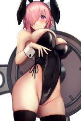 1girl, animal ears, bangs, bare shoulders, black legwear, black leotard, blush, breasts, bunny ears, cleavage, covered navel, fate/grand order, fate (series), hair over one eye, highleg, highleg leotard, highres, large breasts, leotard, light purple hair, looking at viewer, mash kyrielight, playboy bunny, purple eyes, shield, short hair, smile, strapless, strapless leotard, thighhighs, thighs, untue, wrist cuffs