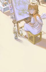 Rule 34 | 1girl, 1other, absurdres, angel, angel wings, bottle, brown eyes, brown footwear, brown hair, canvas (object), commentary, dress, easel, feathered wings, food, from behind, haibane renmei, hair between eyes, halo, highres, holding, holding paintbrush, holding palette, long dress, looking at viewer, looking back, mini wings, orange sailor collar, out of frame, paintbrush, painting (action), painting (object), palette (object), parted lips, reki (haibane), sailor collar, sandals, shadow, shoes, short hair, short sleeves, sitting, solo focus, stool, table, white dress, wings, wod