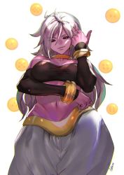 Rule 34 | 1girl, android 21, ashiomi masato, black sclera, bracelet, breasts, colored sclera, colored skin, dragon ball, dragon ball fighterz, earrings, hoop earrings, jewelry, long hair, looking at viewer, majin android 21, navel, pink skin, red eyes, simple background, smile, solo, white background, white hair
