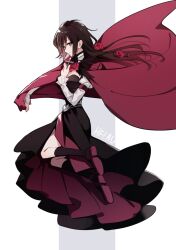 1girl alternate_costume cape cross cross_necklace flower grey_eyes holding jewelry kuma_(bloodycolor) long_hair long_sleeves looking_at_viewer necklace red_cape red_flower red_rose rose ruby_rose rwby solo