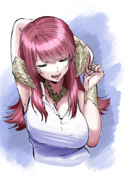Rule 34 | 1girl, arm behind head, armpits, au ra, warrior of light (ff14), blush, breasts, cleavage, closed eyes, facing viewer, final fantasy, final fantasy xiv, hand up, horns, ishii hisao, large breasts, long hair, open mouth, red hair, shirt, sleeveless, sleeveless shirt, smile, solo, stretching