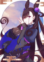 Rule 34 | 1girl, black dress, black hair, breasts, dress, eyebrows hidden by hair, fate/grand order, fate (series), hair between eyes, hair ornament, hairband, highres, impossible clothes, large breasts, long hair, looking at viewer, murasaki shikibu (fate), red eyes, solo, twintails, upper body, very long hair, xion32