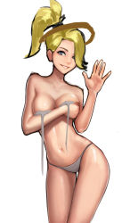 Rule 34 | 1girl, bikini, blonde hair, bra, breast hold, breasts, collarbone, contrapposto, cowboy shot, grey bikini, grey bra, grey eyes, halo, high ponytail, highres, jungon kim, long hair, looking at viewer, mechanical halo, medium breasts, mercy (overwatch), navel, overwatch, overwatch 1, parted lips, shiny skin, simple background, sketch, smile, solo, standing, swimsuit, thigh gap, underwear, undressing, untied bikini, waving, white background