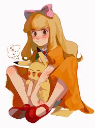 Rule 34 | 1boy, absurdres, ashley (pokemon), ay (1054105084), blonde hair, blue ribbon, blunt bangs, blush, bow, closed mouth, commentary, creatures (company), crossdressing, dress, game freak, gen 1 pokemon, hair bow, highres, long hair, looking at viewer, male focus, neck ribbon, nintendo, orange dress, pikachu, pink bow, pokemon, pokemon (anime), pokemon (classic anime), pokemon (creature), red footwear, ribbon, shoes, short sleeves, sidelocks, simple background, sitting, speech bubble, white background