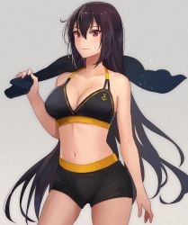 Rule 34 | 1girl, alternate costume, anchor symbol, bikini, black bikini, black hair, black shorts, black towel, breasts, cleavage, closed mouth, collarbone, grey background, hair between eyes, highres, holding, holding towel, kantai collection, kasumi (skchkko), large breasts, long hair, nagato (kancolle), navel, red eyes, shorts, simple background, solo, swimsuit, towel