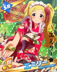 Rule 34 | 10s, 1girl, audience, beamed quavers, blonde hair, blush, candy, card (medium), character name, character signature, emily stewart, emily stuart, flower, flower on head, food, hair flower, hair ornament, headband, idolmaster, idolmaster million live!, incoming gift, japanese clothes, kimono, maid headdress, musical note, official art, purple eyes, rose, signature, smile, thighhighs, twintails, valentine