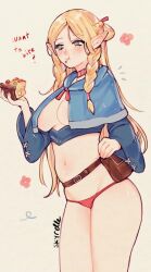 Rule 34 | 1girl, animated, arm at side, belt, blonde hair, blue capelet, blue shirt, blush, bouncing breasts, braid, breasts, cake, capelet, choker, closed mouth, cropped shirt, dungeon meshi, eating, elf, eyebrows, eyelashes, feet out of frame, female focus, food, green hair, hand up, highres, holding, holding food, hood, hood down, hooded capelet, live2d, long hair, long sleeves, looking at viewer, looking to the side, looping animation, marcille donato, medium breasts, navel, panties, pointy ears, red choker, red panties, shirt, side braids, simple background, skyrelle, solo, standing, tagme, underwear, video, wdmov, wide sleeves