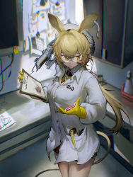 Rule 34 | 1girl, absurdres, animal ears, arknights, black skirt, blonde hair, breasts, cabinet, clipboard, closed mouth, cowboy shot, dorothy (arknights), furioso, gloves, hair between eyes, highres, holding, holding clipboard, indoors, laboratory, long hair, long sleeves, low ponytail, medium breasts, miniskirt, mouse ears, mouse girl, mouse tail, paper, safety glasses, skirt, smile, solo, tail, very long hair, yellow eyes, yellow gloves