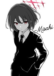 Rule 34 | 1girl, alternate costume, black necktie, black suit, blue archive, character name, formal, generic 33, greyscale, halo, hands in pockets, highres, looking at viewer, medium hair, misaki (blue archive), monochrome, necktie, sideways glance, simple background, solo, spot color, suit, white background