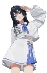 Rule 34 | 1girl, black hair, blue eyes, blue nails, blue skirt, commentary request, fingernails, from below, hair intakes, highres, isshiki seiran (mashiro kta), lips, long fingernails, long hair, long sleeves, looking at viewer, mashiro kta, midriff peek, multicolored clothes, multicolored skirt, nail polish, original, puffy long sleeves, puffy sleeves, salute, shirt, simple background, skirt, smile, solo, white background, white shirt, white skirt