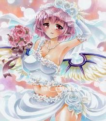 Rule 34 | 1girl, animal ears, armpits, at classics, blush, bouquet, breasts, bride, cleavage, dress, female focus, flower, impossible clothes, impossible shirt, jewelry, large breasts, marker (medium), midriff, mystia lorelei, navel, necklace, pink hair, red eyes, sample watermark, shirt, short hair, smile, solo, touhou, traditional media, veil, watermark, wedding dress