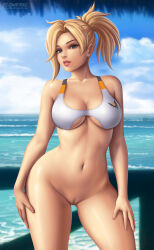 Rule 34 | 1girl, absurdres, blonde hair, bottomless, bra, breasts, cleavage, female focus, flowerxl, hands on own thighs, highres, large breasts, long hair, mature female, mercy, mercy (overwatch), no underwear (female), ocean, one-piece swimsuit, overwatch, pussy, solo, solo focus, swimsuit, underwear, video game character
