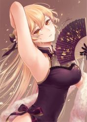Rule 34 | 1girl, black dress, black gloves, black ribbon, blonde hair, bow, bowtie, breasts, china dress, chinese clothes, dress, filha, flower, fur, girls&#039; frontline, gloves, hair flower, hair ornament, hair ribbon, hand fan, hand in own hair, holding, holding fan, long hair, looking at viewer, medium breasts, official alternate costume, ots-14 (girls&#039; frontline), ots-14 (sangria succulent) (girls&#039; frontline), ribbon, solo, standing, yellow eyes