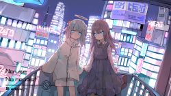 Rule 34 | 2girls, absurdres, against railing, aiamu iamu, aqua eyes, artist name, black dress, blue eyes, brown hair, city, cityscape, clothing request, coat, commentary, commentary request, dress, english text, glowing, glowing eyes, grey hair, halo, highres, against railing, looking at viewer, multiple girls, neon lights, original, railing, shorts, signature, standing, tower, white coat, white shorts