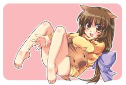 Rule 34 | 00s, 1girl, :d, animal ears, barefoot, blush, border, botan (clannad), bottomless, brown eyes, brown hair, clannad, feet, happy, ibuki fuuko, long hair, looking at viewer, no panties, open mouth, outline, outside border, pig ears, pig girl, pink background, satomi yoshitaka, simple background, smile, solo, toes, white border, white outline