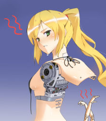 Rule 34 | 1girl, amputee, android, blonde hair, blue background, commentary request, gradient background, green eyes, kashiyuki, long hair, looking at viewer, looking back, mechanical parts, original, ponytail, solo, sweat
