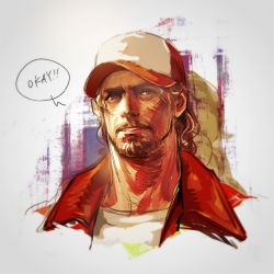 Rule 34 | 1boy, baseball cap, beard, blonde hair, blue eyes, curly hair, facial hair, fatal fury, hat, hiroaki (kof), jacket, long hair, looking at viewer, male focus, mature male, mustache, open mouth, portrait, promotional art, red jacket, shirt, simple background, snk, solo, speech bubble, terry bogard, the king of fighters, white shirt