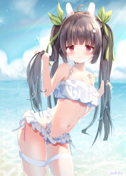 1girl animal_ears bikini black_hair blue_archive blush breasts fake_animal_ears frilled_bikini frills highres long_hair miyu_(blue_archive) navel ocean outdoors rabbit_ears red_eyes side-tie_bikini_bottom small_breasts solo sweat swimsuit teeth_bro wet white_bikini