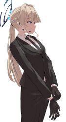 Rule 34 | 1girl, alternate costume, alternate hairstyle, black gloves, black necktie, black suit, blonde hair, blue archive, blue eyes, braid, business suit, closed mouth, collared shirt, earpiece, formal, french braid, from side, gloves, halo, highres, long hair, long sleeves, necktie, ponytail, putting on gloves, shirt, silver bullet (ecc12 8), solo, suit, toki (blue archive), white background, white shirt