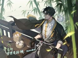 Rule 34 | 1boy, akabane yu, bamboo, black gloves, black hair, blurry, blurry foreground, chinese clothes, chopsticks, dappled sunlight, dated, dumpling, food, gloves, hand rest, highres, leaning back, male focus, omniscient reader&#039;s viewpoint, parted lips, railing, scar, scar on arm, short hair, sleeves rolled up, solo, sunlight, sword, table, weapon, wooden railing, yoo joonghyuk