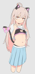 Rule 34 | 1girl, absurdres, ahoge, animal ears, bell, black bra, blue skirt, bow, bra, cat cutout, cat ears, cat lingerie, cat tail, cleavage cutout, clothes lift, clothing cutout, commentary, cropped legs, embarrassed, english commentary, frilled bra, frills, highres, jingle bell, long hair, meme attire, mindboxxes, navel, onii-chan wa oshimai!, oyama mahiro, pink bow, pleated skirt, shirt, shirt lift, skirt, solo, stomach, tail, tail bell, tail bow, tail ornament, underwear, white shirt