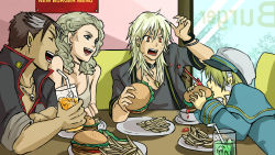 Rule 34 | 1girl, 3boys, big al, blonde hair, booth seating, choker, diner, dress, drinking straw, eating, food, burger, hayame (m ayame), jewelry, ketchup, long hair, looking at another, multicolored hair, multiple boys, necklace, oliver (vocaloid), open mouth, orange eyes, sleeves rolled up, squirting liquid, sweet ann, two-tone hair, vocaloid, white dress, yohioloid