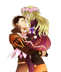 Rule 34 | 1boy, 1girl, aged up, alvin (tales), bad id, bad pixiv id, blonde hair, blush, boots, brown eyes, brown hair, carrying, coat, elize lutus, eye contact, face-to-face, flower, gloves, hair flower, hair ornament, height difference, kazu sanbon, long hair, looking at another, purple footwear, ribbon, rose, short hair, simple background, tales of (series), tales of xillia, white background