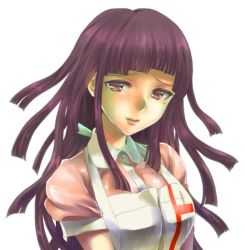 Rule 34 | 1girl, apron, black hair, blush, breasts, closed mouth, collared shirt, commentary request, danganronpa (series), danganronpa 2: goodbye despair, dosugon, large breasts, long hair, looking at viewer, mole, mole under eye, pink eyes, pink shirt, puffy short sleeves, puffy sleeves, shirt, short sleeves, simple background, tsumiki mikan, upper body, white apron, white background