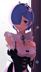 Rule 34 | 1girl, absurdres, bare shoulders, black ribbon, blue eyes, blue hair, blush, breasts, cleavage, commentary request, detached sleeves, dress, frills, hair ornament, hair over one eye, hair ribbon, hand on own chest, highres, hukahito, juliet sleeves, large breasts, long sleeves, looking at viewer, maid, maid headdress, neck ribbon, puffy sleeves, re:zero kara hajimeru isekai seikatsu, red ribbon, rem (re:zero), ribbon, short hair, smile, solo, x hair ornament