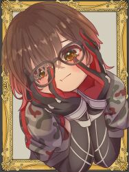 Rule 34 | 1girl, black-framed eyewear, black gloves, border, brown hair, chajo1225, closed mouth, eyelashes, glasses, gloves, gradient hair, hair between eyes, hands on own face, highres, hololive, looking at viewer, multicolored hair, ornate border, outside border, picture frame, portrait, red hair, roboco-san, roboco-san (1st costume), solo, two-tone hair, upper body, virtual youtuber, yellow eyes