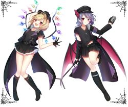 Rule 34 | 2girls, alternate costume, arm up, armband, bad id, bad pixiv id, bat wings, belt, black footwear, black gloves, black headwear, black jacket, black shirt, black skirt, blonde hair, boots, collarbone, commentary request, cross, cross necklace, fang, flandre scarlet, frilled skirt, frills, full body, fur-trimmed jacket, fur trim, gloves, hat, hat ribbon, high heel boots, high heels, highres, jacket, jewelry, knee boots, looking at viewer, microphone, microphone stand, miniskirt, multiple girls, necklace, off shoulder, open clothes, open jacket, open mouth, pointy ears, purple hair, red eyes, remilia scarlet, ribbon, shinonome asu, shirt, short sleeves, siblings, simple background, sisters, skirt, touhou, v-neck, white background, wings