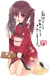 Rule 34 | 1girl, :d, blush, braid, calligraphy brush, commentary request, floral print, hagoita, hair between eyes, holding, holding paintbrush, ink on face, japanese clothes, kimono, kneeling, long hair, long sleeves, looking at viewer, obi, open mouth, original, paddle, paintbrush, print kimono, red eyes, red kimono, sash, shirasu youichi, simple background, smile, socks, solo, teeth, translation request, twin braids, twintails, upper teeth only, white background, white socks, wide sleeves
