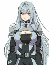 Rule 34 | 1girl, armor, blue eyes, breast tattoo, breasts, cleavage, cleavage cutout, closed mouth, clothing cutout, ethel (xenoblade), grey hair, highres, large breasts, long hair, looking at viewer, shoulder armor, simple background, solo, tattoo, upper body, very long hair, white background, xenoblade chronicles (series), xenoblade chronicles 3, yamamori kinako