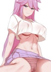 Rule 34 | 1girl, absurdres, animal ears, breasts, cameltoe, closed mouth, crop top, crop top overhang, fox ears, highres, honkai (series), honkai impact 3rd, large breasts, long hair, looking at viewer, navel, panties, pink hair, pink panties, purple eyes, purple skirt, shadow, shirt, short sleeves, simple background, sitting, skirt, solo, striped clothes, striped panties, tiankong pie ai, underboob, underwear, wariza, white background, white shirt, yae sakura