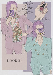 Rule 34 | 1boy, artist name, belt, blue eyes, buttoned cuffs, buttons, cellphone, character name, collarbone, copyright name, covering own mouth, cropped legs, cursive, double-breasted, fashion, film grain, formal, hagiko15, hand on own hip, hawaiian shirt, highres, holding, holding phone, jewelry, jojo no kimyou na bouken, layered clothes, long hair, male focus, melone, multiple rings, multiple views, nail polish, nail polish bottle, parted bangs, partially unbuttoned, phone, purple hair, purple nails, ring, shirt, shirt tucked in, smartphone, suit, twitter username, vento aureo