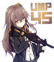 Rule 34 | 1girl, bad id, bad pixiv id, black gloves, black jacket, black ribbon, blush, brown eyes, brown hair, character name, closed mouth, commentary request, dress shirt, fingerless gloves, girls&#039; frontline, gloves, grey skirt, gun, h&amp;k ump, h&amp;k ump, hair between eyes, hair ornament, highres, holding, holding gun, holding weapon, jacket, name connection, neck ribbon, object namesake, one side up, open clothes, open jacket, pleated skirt, ribbon, shinopoko, shirt, simple background, skirt, smile, solo, ump45 (girls&#039; frontline), weapon, white background, white shirt