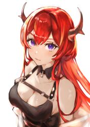 Rule 34 | 1girl, absurdres, arknights, breasts, cleavage, closed mouth, demon girl, demon horns, hair between eyes, highres, horns, light blush, light smile, long hair, looking at viewer, medium breasts, nananashi, purple eyes, red hair, shiny skin, sideboob, sleeveless, smile, solo, surtr (arknights), upper body, white background