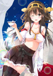 Rule 34 | 10s, 1girl, ahoge, bare shoulders, blush, breasts, brown eyes, brown hair, bubble, building, cleavage, cloud, cup, detached sleeves, hairband, headgear, japanese clothes, kantai collection, kongou (kancolle), long hair, looking at viewer, one eye closed, open clothes, open mouth, personification, revision, ribbon-trimmed sleeves, ribbon trim, sarashi, skirt, sky, smile, solo, sparkle, takanashi haruto, teacup, thighhighs, underboob, wink